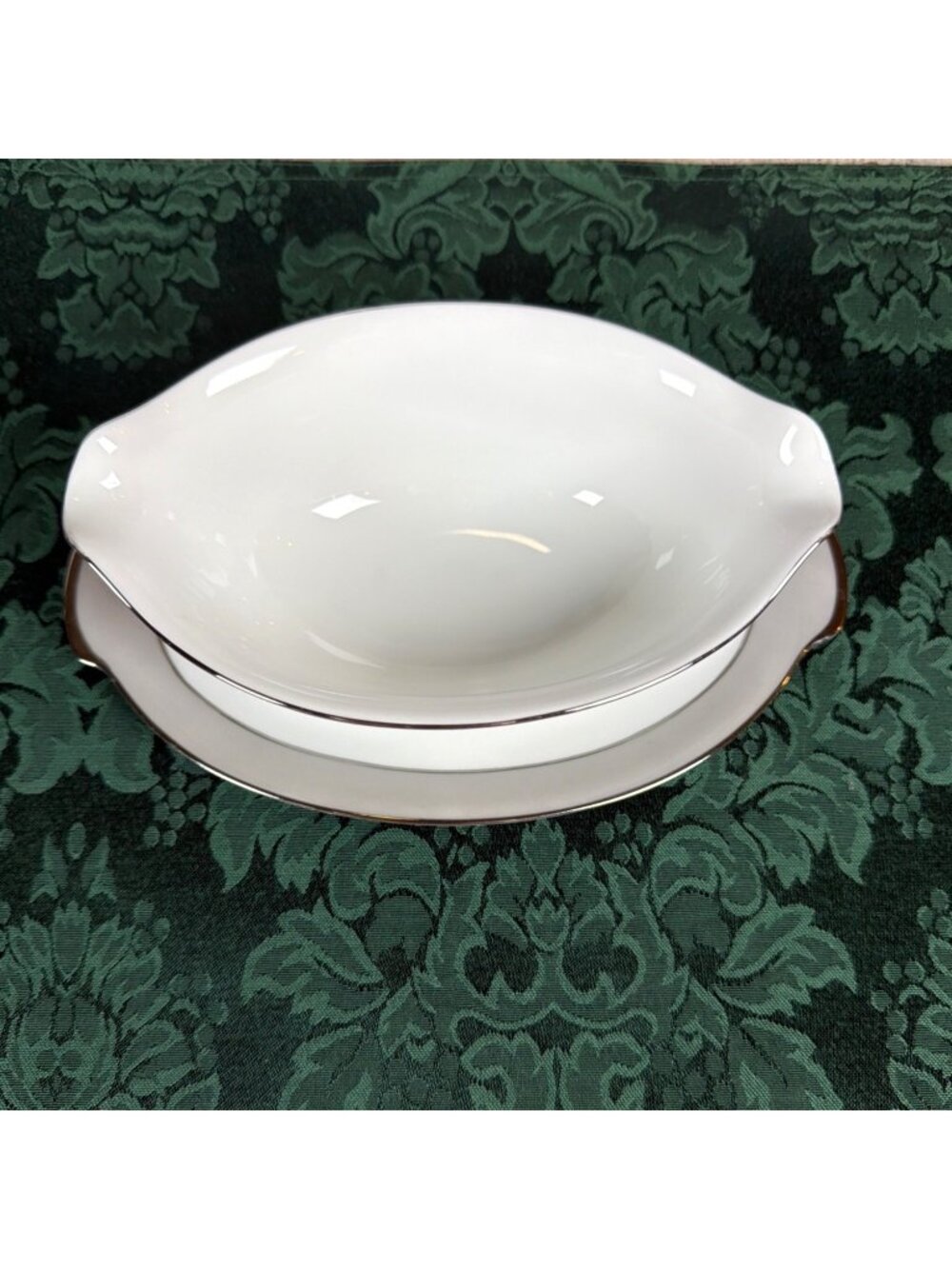 VTG Sango Platina 9in Gravy Sauce Boat Attached Underplate White Platinum Japan - Picture 2 of 14